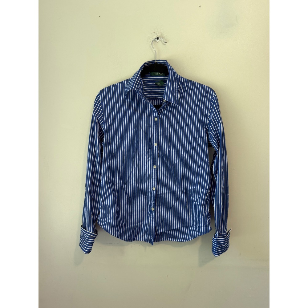 Lauren Ralph Lauren Blue White Striped Cotton Button Down Shirt Womens Medium
